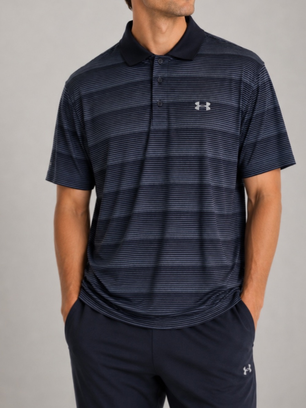 2/40$ Under Armour cold black striped black and gray polo size Large